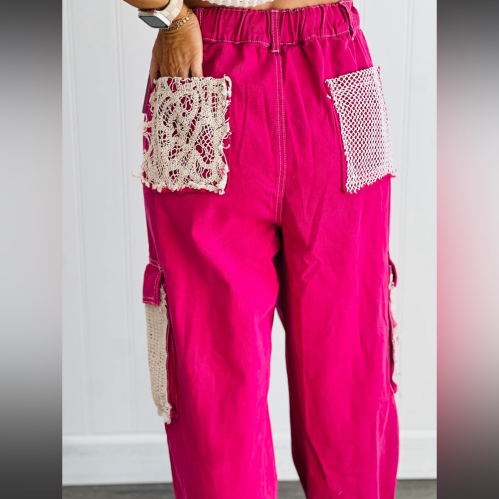 POL Fuchsia Drawstring Cargo Joggers with Crochet Pocket - Picture 3 of 6